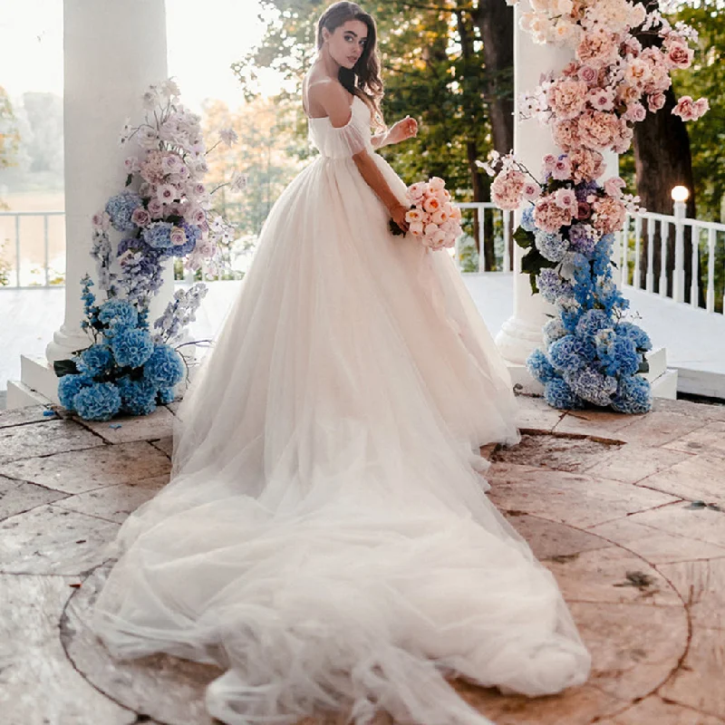 Summer dresses for hot weatherHonest Off Shoulder A-Line Wedding Dress, Tulle Backless Long White Wedding Dress,  KX1326
