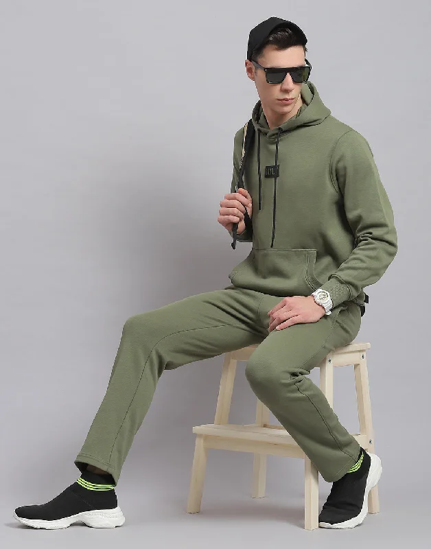 men's basketball jerseysMen Olive Solid Hooded Full Sleeve Tracksuit