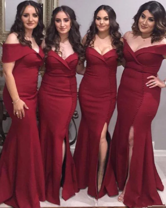 Flowy dresses for womenWine Red Long Slit Fitted Bridesmaid Gown Wedding Party Dresses Burgundy 2019 BD145