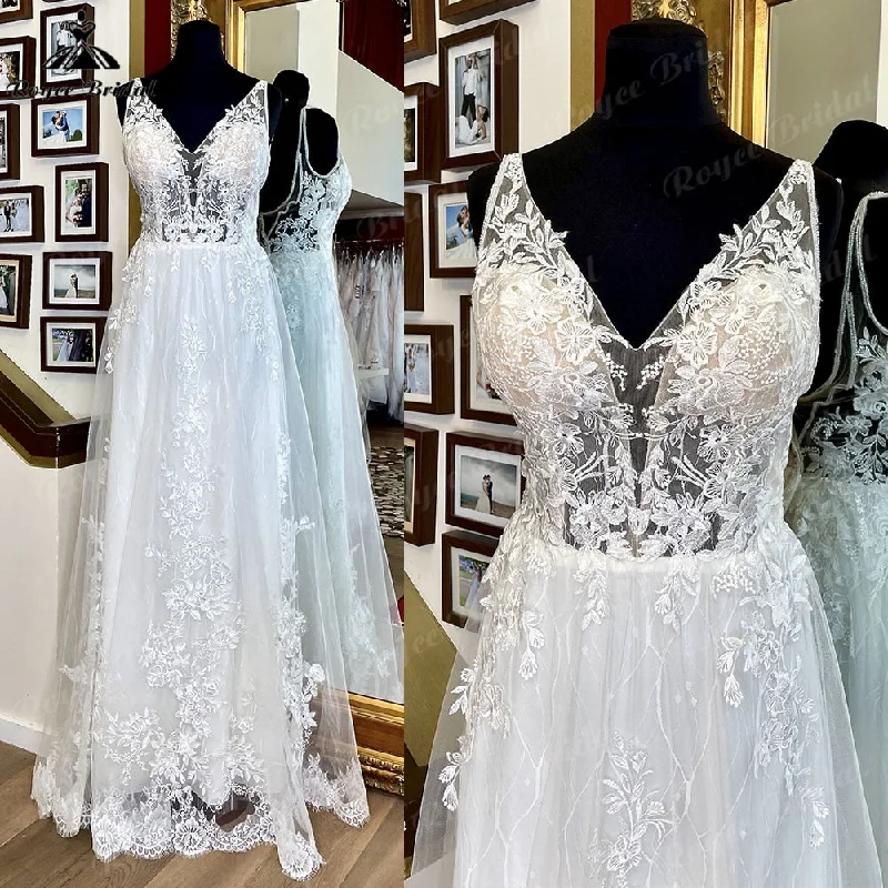 Day dresses for everyday wear2025 Lace Appliques A Line Boho Wedding Dress with V Neck Open Back Bridal Gowns for Women Beach vestido invitada boda Vintage
