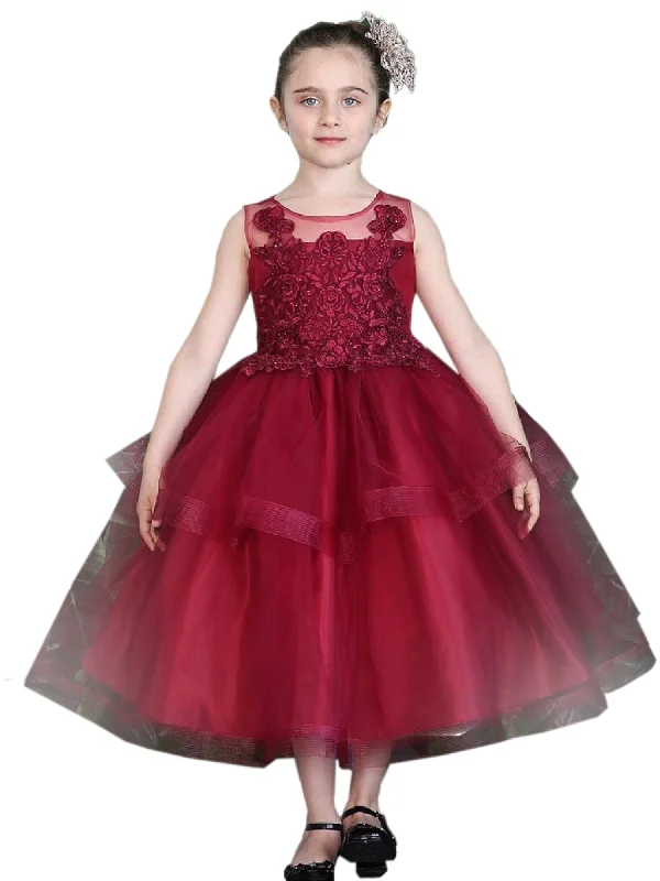 Short-sleeved dresses for womenBig Girls Burgundy Illusion Neckline Lace Organza Junior Bridesmaid Dress 8-16