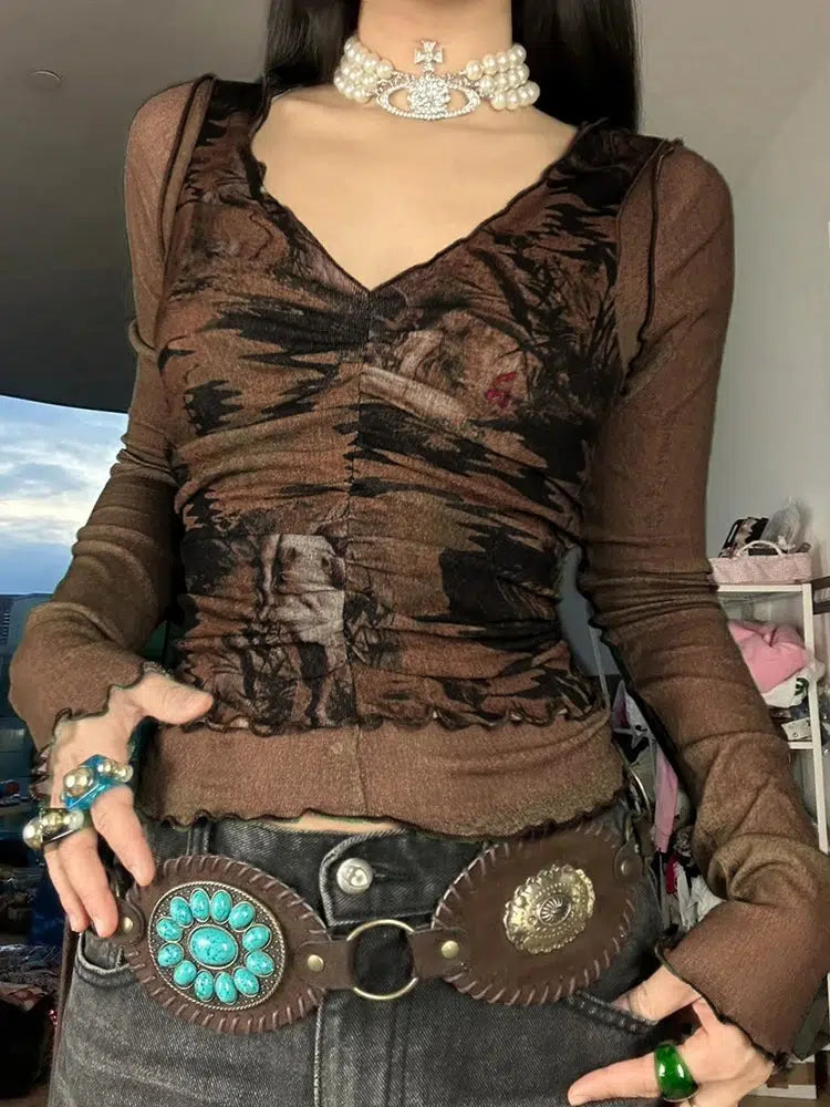 Suede women's topsFairy Grunge Mesh Sheer Top