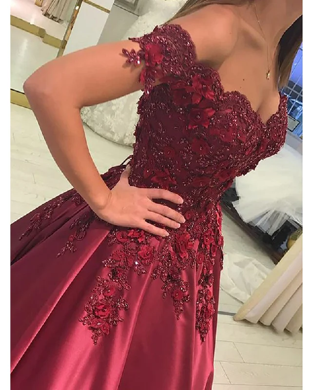 Flowy dresses for womenBurgundy Gorgeous Flower Lace Ball Gown Women Formal Prom Evening Dress /Wedding Party Dress