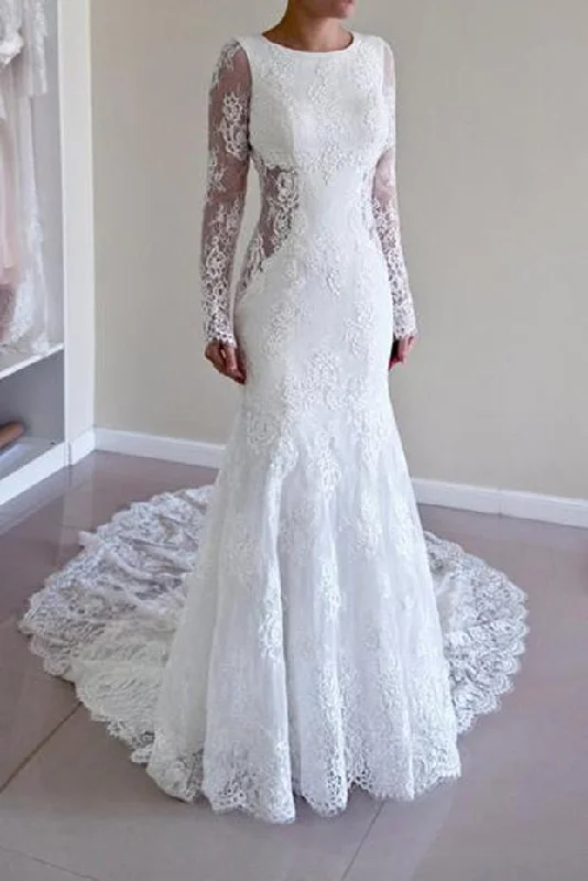 Custom-made dresses for personalized fitsRoycebridal White Lace Mermaid Long Sleeve Backless Wedding Dresses with Sweep Train, MW181