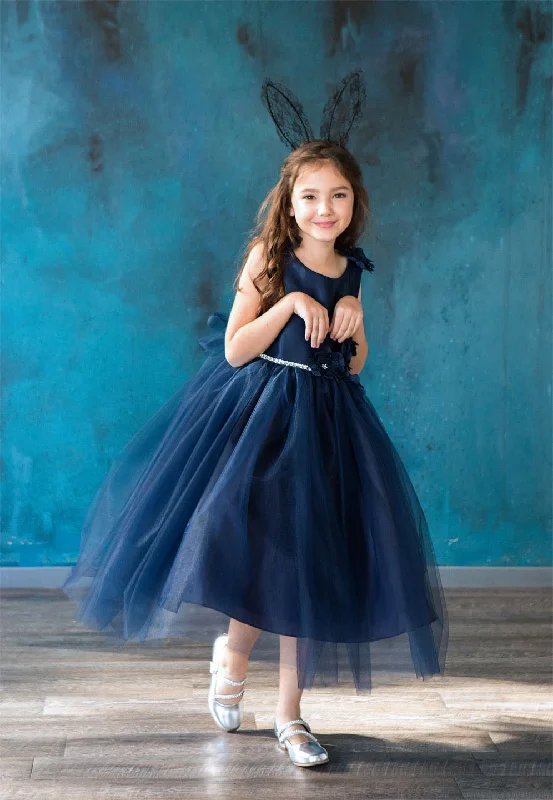 Velvet dresses for winterBig Girls Navy Beaded Flower Appliques Tulle Junior Bridesmaid Dress 8-16