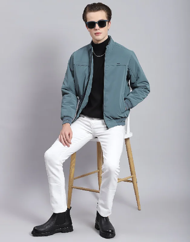 men's two-button blazersMen Teal Blue Solid Stand Collar Full Sleeve Jacket