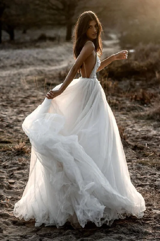 Off-the-shoulder dresses for womenRoycebridal Tulle A-line Deep V-neck Backless Spaghetti Straps Wedding Dresses, MW678