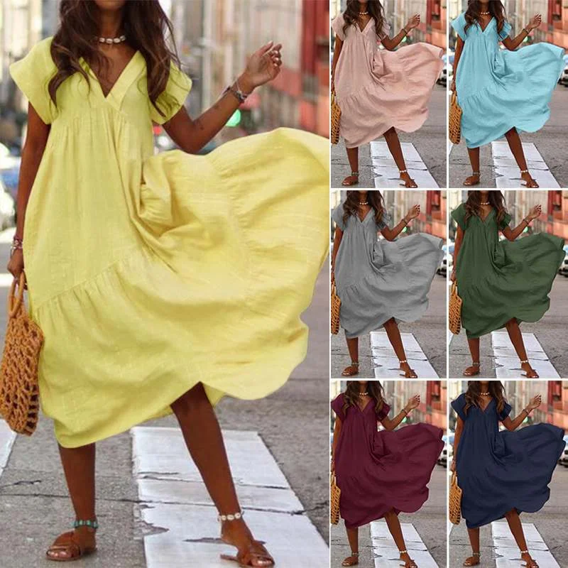 Loose-fitting dresses for womenikearlax Wish  Summer Hot plus Size Multi-Color Cotton Linen Loose V-neck Women's Dress