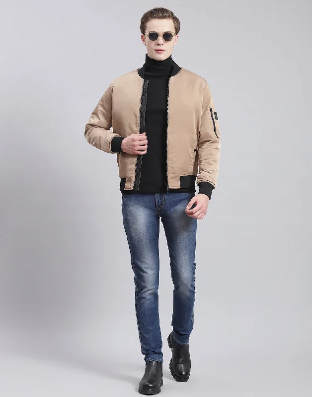 men's peacoats with hoodsMen Beige Solid Stand Collar Full Sleeve Jacket