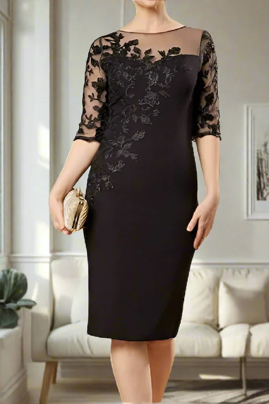 Godet dresses for womenElegant Illusion Neck Knee Length Sheath Mother of the Bride Dress