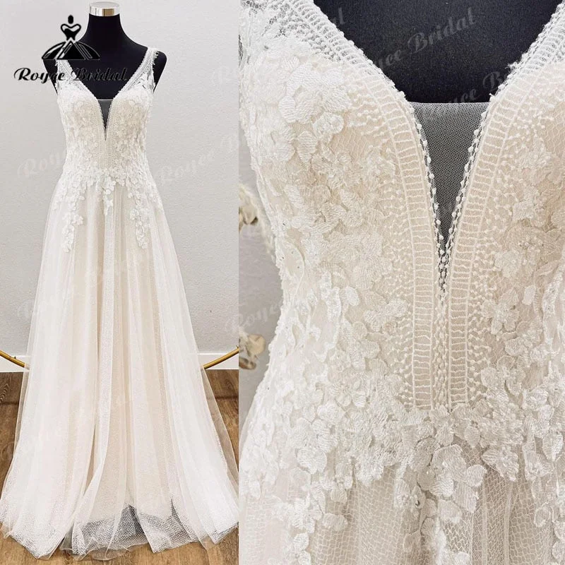 Dancewear dresses for performancesCharming A Line Sleeveless Wedding Dress Tank  Lace Appliques V Neck Open Back Sweep Train Tulle Beach Women Civil Bridal Gowns