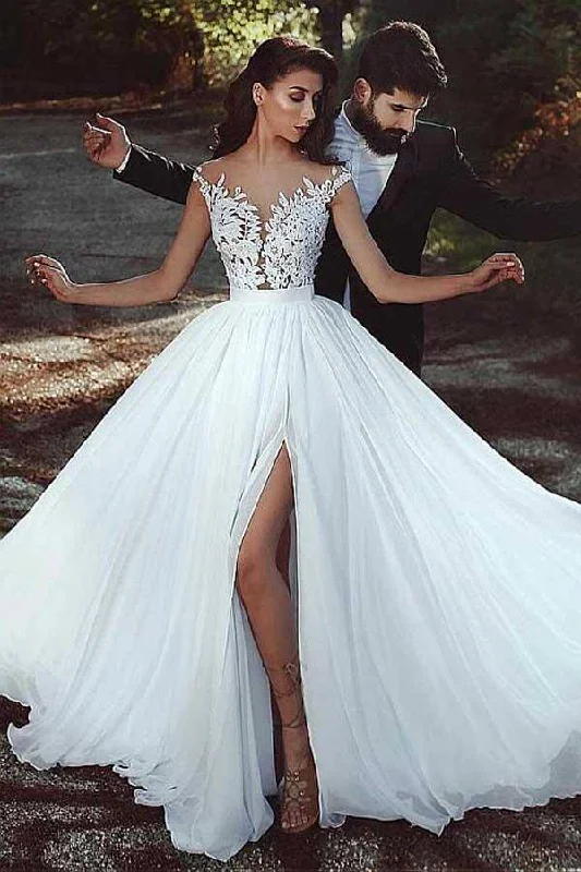 A-line dresses for womenRoycebridal Chiffon A-line V-neck Lace Appliques Wedding Dress With Slit, Bridal Gown, MW784