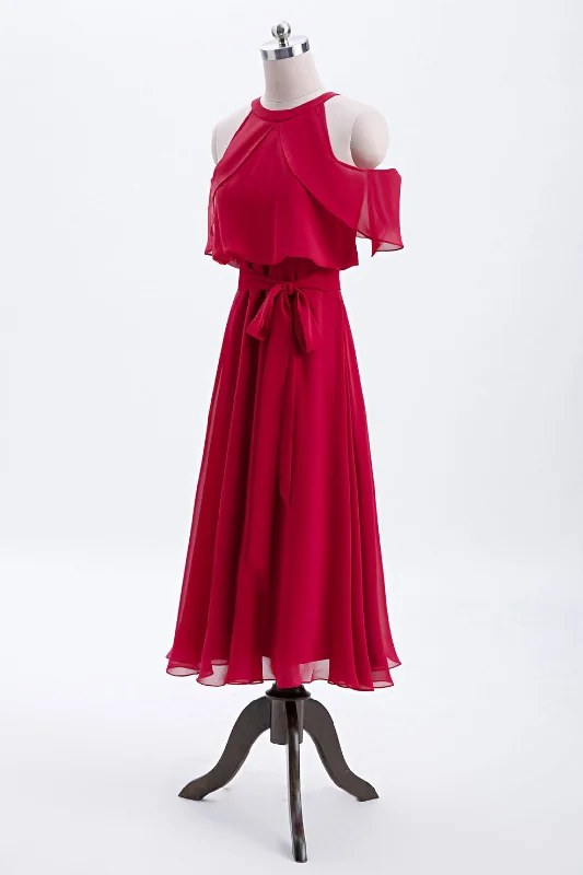 High-slit dresses for womenRed Chiffon Cold Sleeves Short Ruffles Bridesmaid Dress