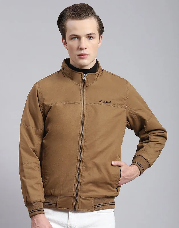 men's bomber jackets with embroideryMen Brown Solid Stand Collar Full Sleeve Jacket