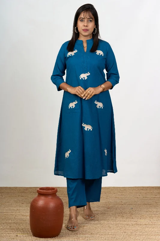 Strapless dresses for womenElegant Womens Blue Cotton Flared Kurta with Embroidered Elephant Motifs