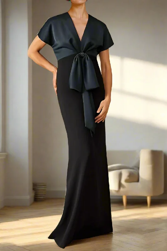 Fit-and-flare dresses for womenSheath Floor Length V-neck Short Sleeve Mother of the Bride Dress with Bow