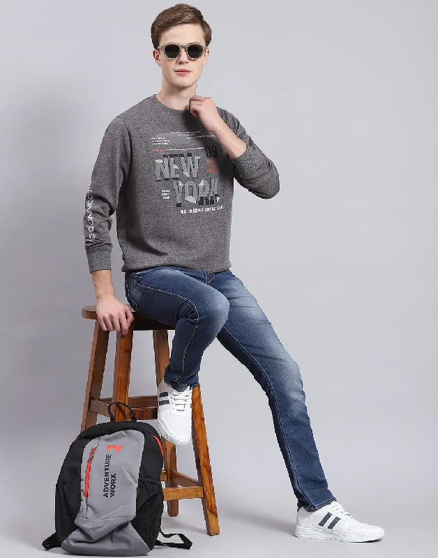 men's sports shirts for beginnersMen Grey Printed Round Neck Full Sleeve T-Shirt