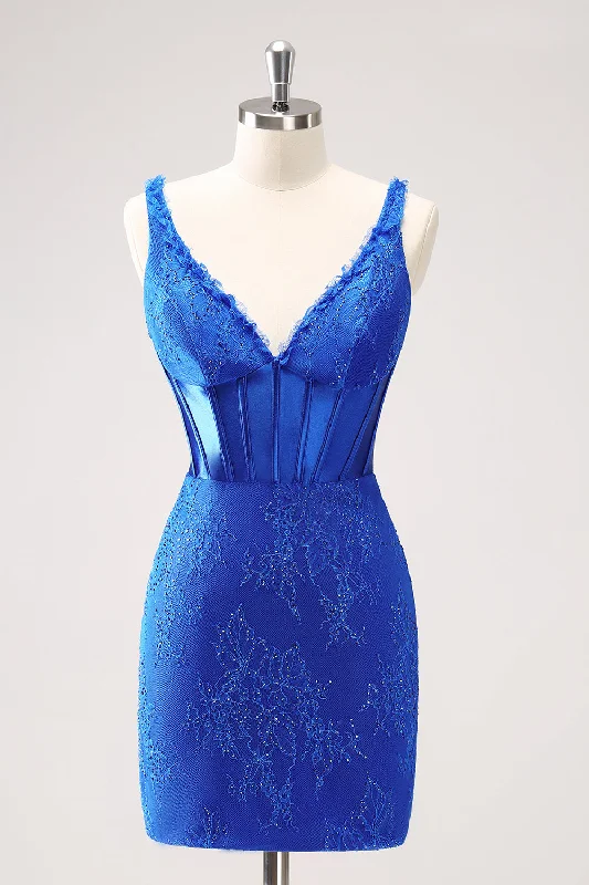 Evening gowns for formal eventsSparkly Royal Blue Bodycon V Neck Beaded Corset Ruched Homecoming Dress with Lace Up Back