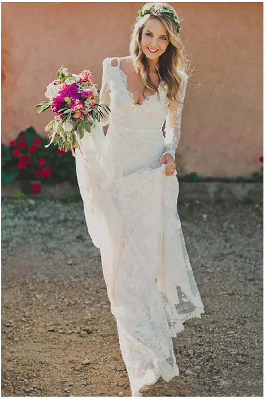 Smock dresses for womenRoycebridal Long Sleeve Lace V-Neck Ivory Vintage Beach Wedding Dresses,MW299