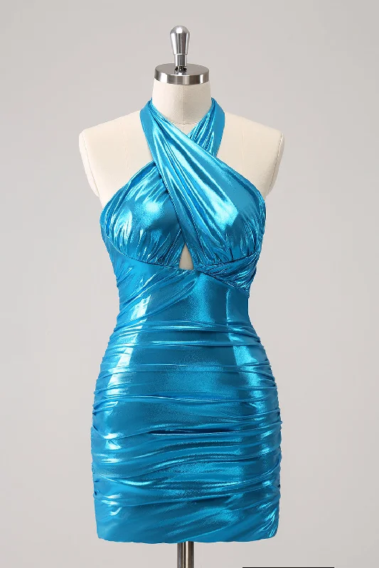 Flutter sleeve dresses for womenSparkly Stylish Blue Bodycon Halter Pleated Corset Short Homecoming Dress