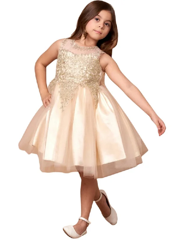 Floral dresses for womenBig Girls Champagne Embroidered Illusion Neckline Junior Bridesmaid Dress 8-18