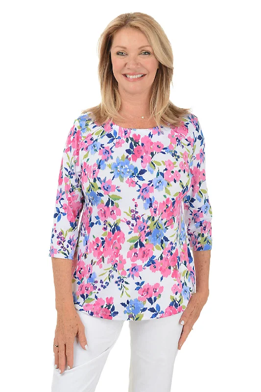 Women's casual topsPetite Flamenco Floral Pleated Shoulder Top