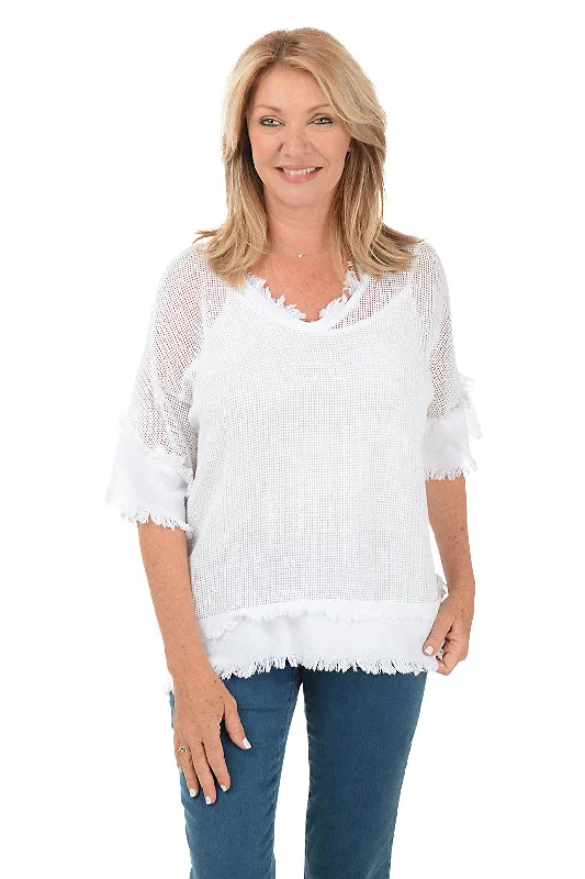 Ruffled women's topsFrayed Trim Cotton Mesh Top