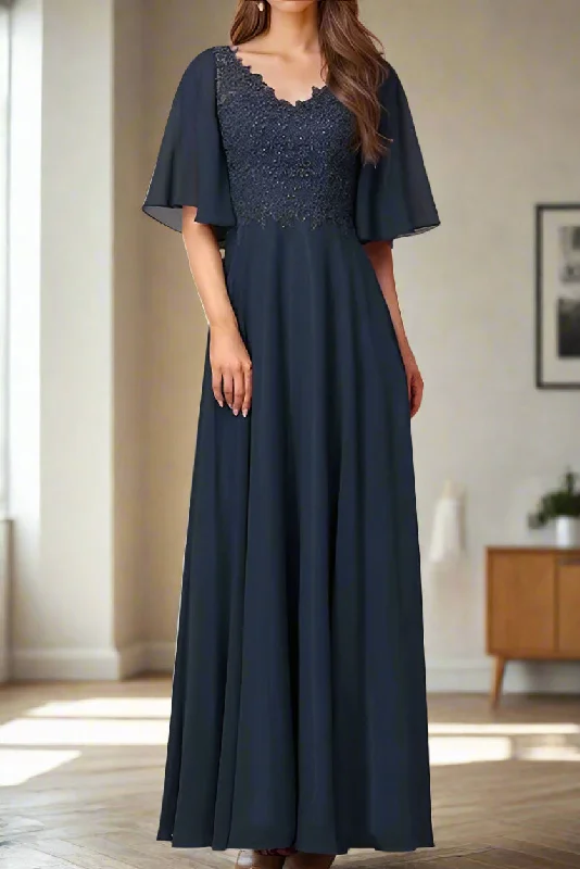 One-shoulder dresses for womenChiffon Half Sleeve Appliques Dark Navy Mother of the Bride Dress