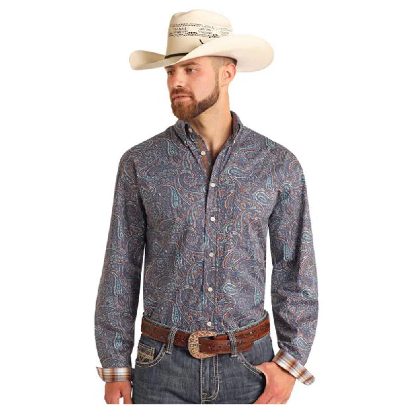 Athletic women's topsRMB2S05669 Panhandle Men's Long Sleeve Button Down Western Shirt - Light Navy Paisley