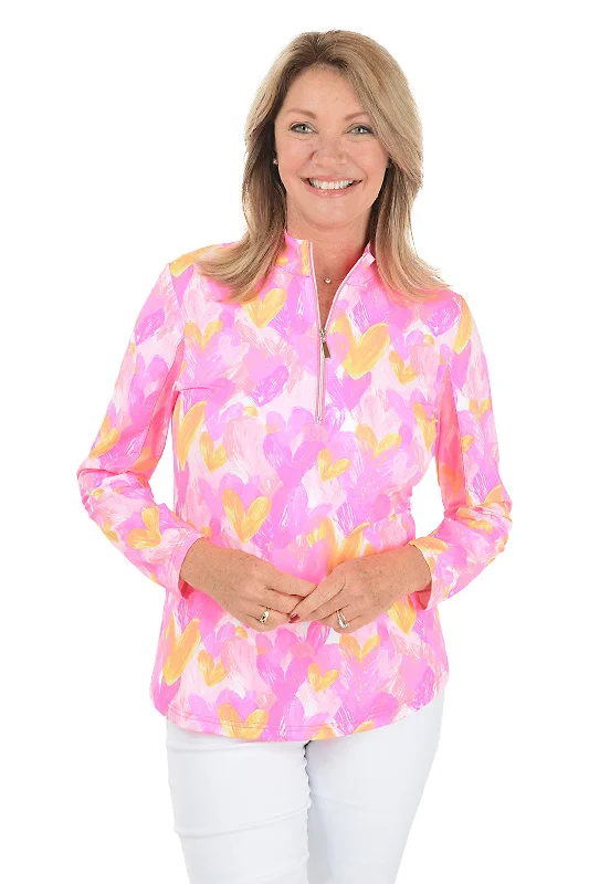 Sequined women's topsPink Brushstroke Hearts Cooling UPF50+ Mock Neck Top