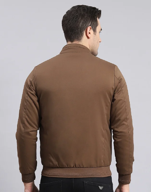 men's duffel coats for cozy comfortMen Brown Solid Stand Collar Full Sleeve Jacket