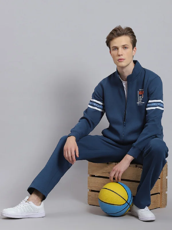 men's sports shirts with built-in sun protectionMen Teal Blue Solid Stand Collar Full Sleeve Tracksuit