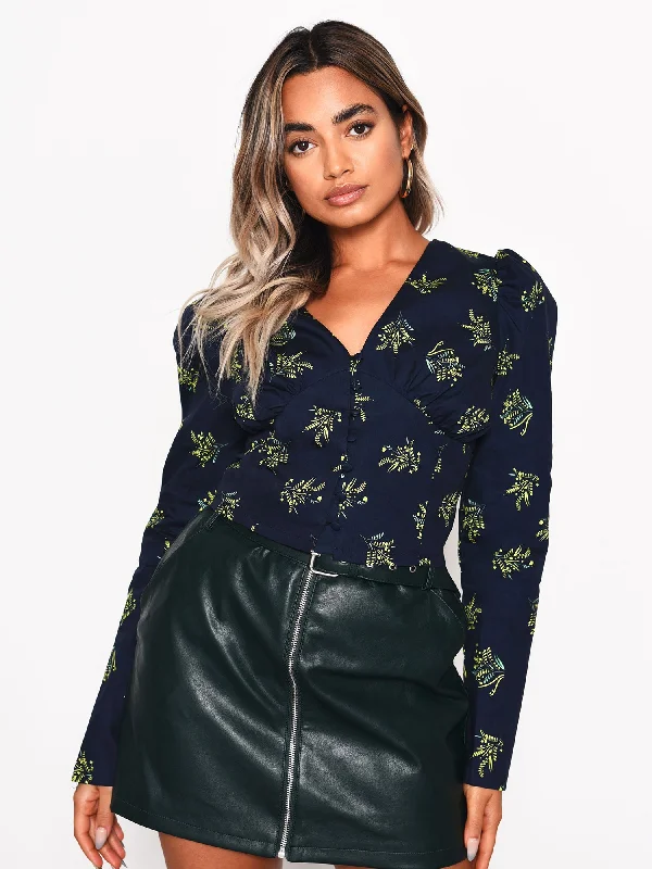 Shawl collar women's topsGlamorous Navy Bouquet Floral Button Front Blouse