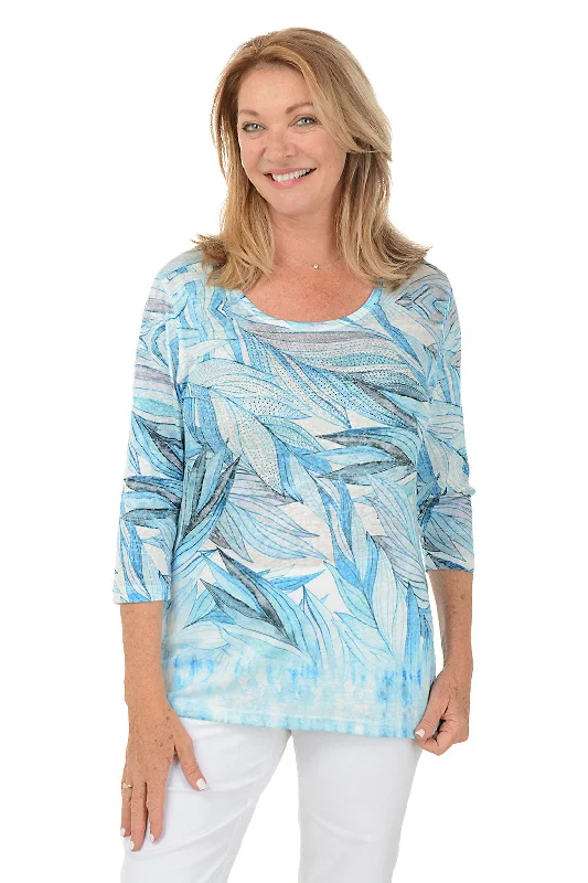 Metallic women's topsFeather Leaf Jeweled Knit Top