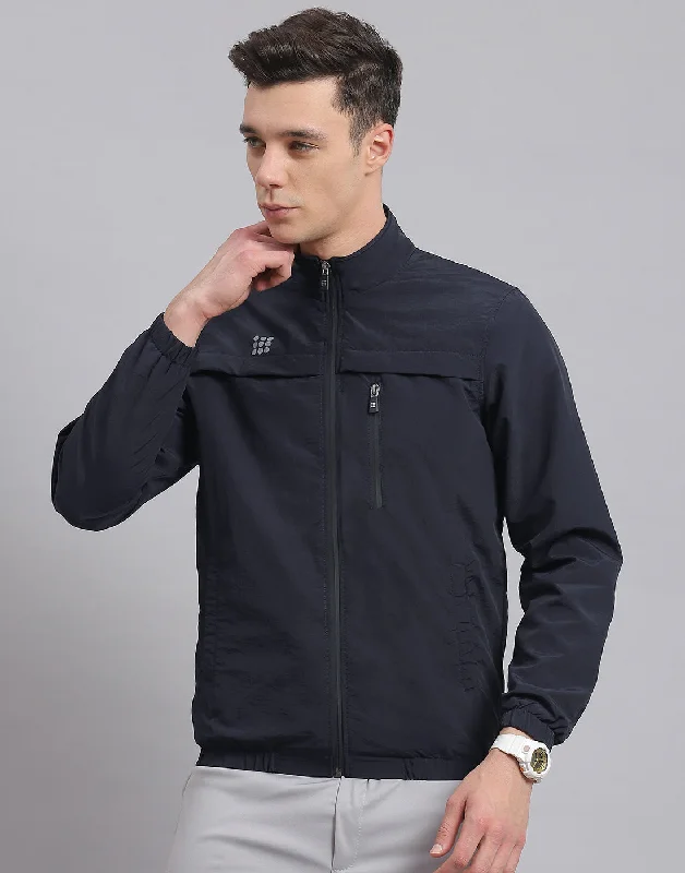men's trench coats for rainy daysMen Navy Blue Solid Stand Collar Full Sleeve Jacket