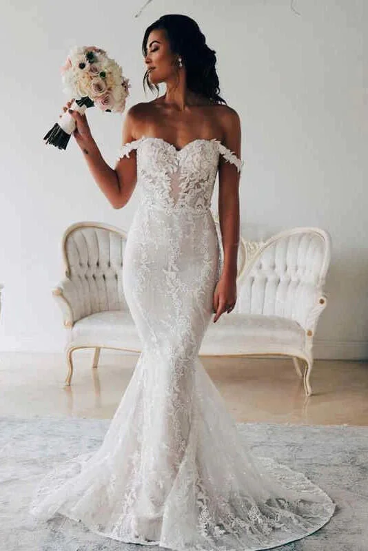 Polka dot dresses for womenRoycebridal Ivory Mermaid Lace Backless Off Shoulder Wedding Dresses, Bridal Gown, MW749