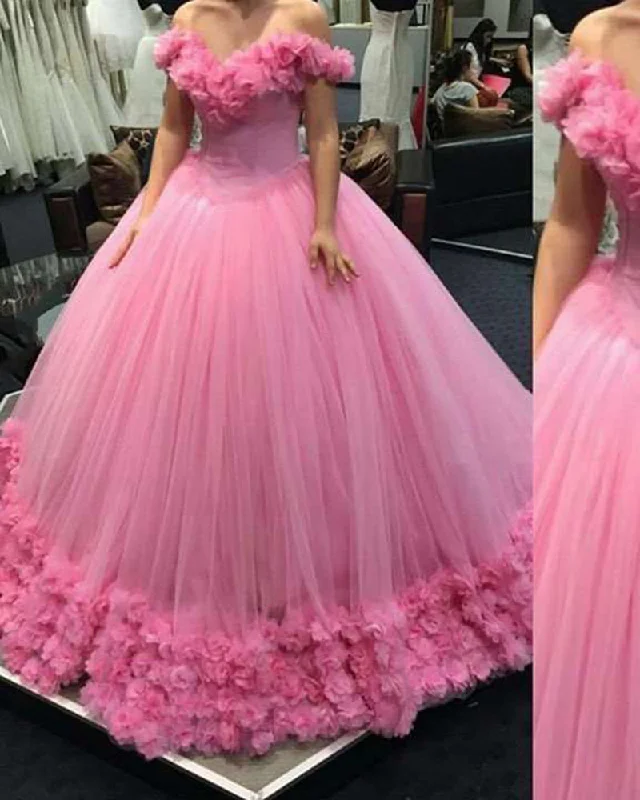 Flutter sleeve dresses for womenHot Pink Wedding Gown Women Princess Flowers Cinderella Sweet Sixteen Quinceanera Prom Dress