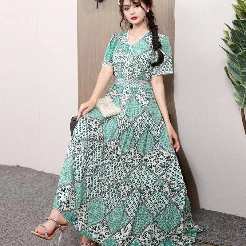 Bodycon dresses for womenikearlax Foreign Trade Bohemian Floral Dress Korean Style Cotton Silk Large Swing Dress V-neck Short Sleeve High Waist Dress Beach Skirt