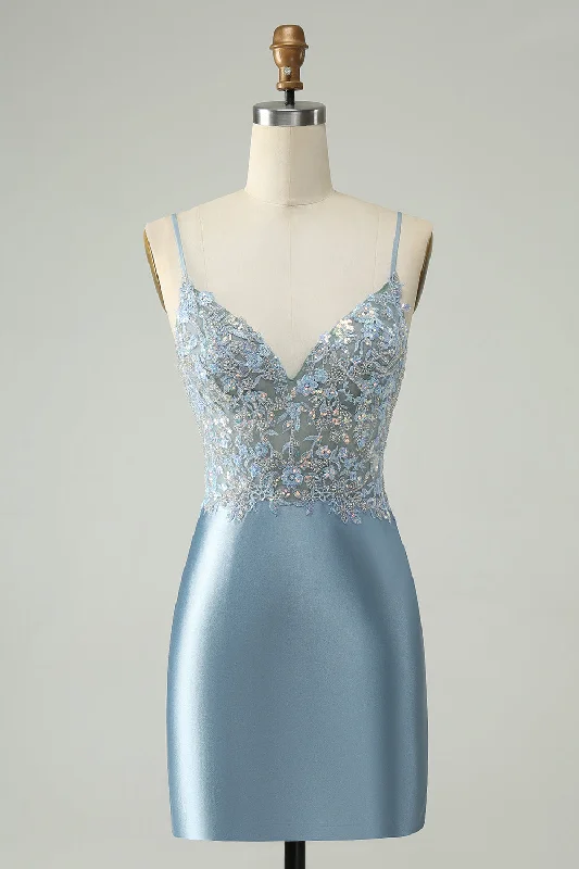 Floral dresses for womenSparkly Dusty Blue Bodycon Beaded Floral Satin Homecoming Dress