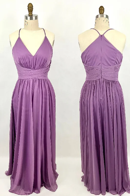 Godet dresses for womenPurple Straps A-line Long Bridesmaid Dress