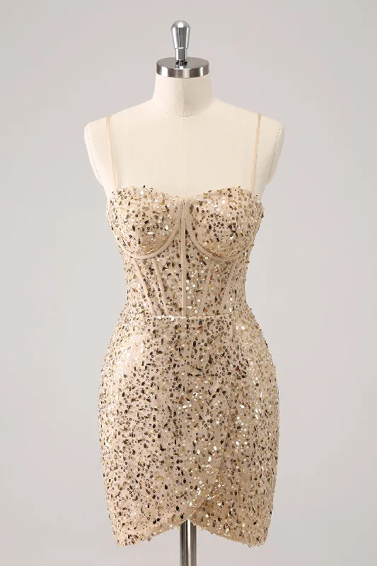 Spaghetti strap dresses for womenStylish Golden Bodycon Spaghetti Straps Sequin Short Homecoming Dress