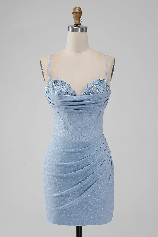 Long-sleeved dresses for womenLight Blue Bodycon Spaghetti Straps Corset Short Homecoming Dress