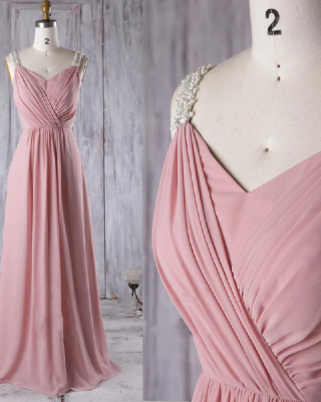 Vintage-inspired dresses for retro fashion loversElegant  Pleated Chiffon Dust Pink /beige  Wedding Party Dress  Women Bridesmaid Dress Long with Pearl Beaded Straps PL06081