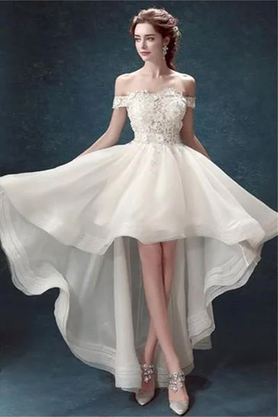 Mother-of-the-bride dressesRoycebridal White Organza High Low Off Shoulder Cheap Wedding Dresses, MW162