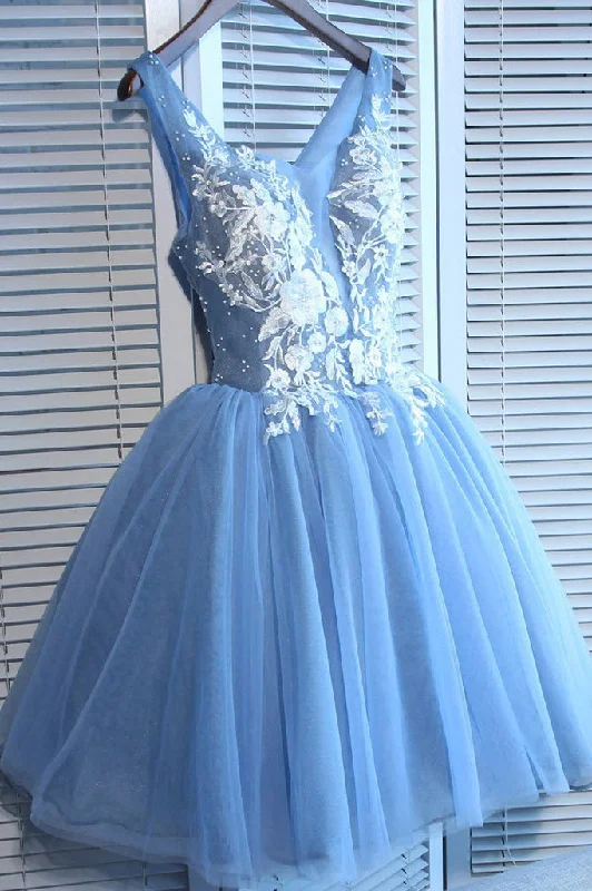 Spring dresses for blossoming stylesBlue Tulle A Line Lace Appliques Short Homecoming Dress OKC51