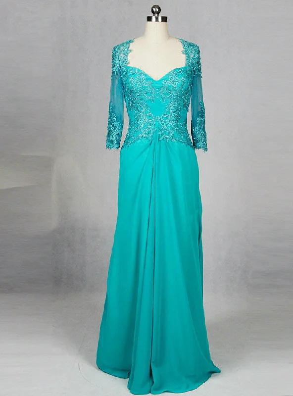 Sleeveless dresses for womenNeckline Lace 3/4 Sleeve Turquoise Chiffon Nother Of The Bride Dress With Sleeves