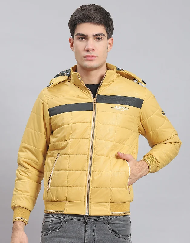 men's windproof parkas for cyclingMen Mustard Solid Hooded Full Sleeve Jacket