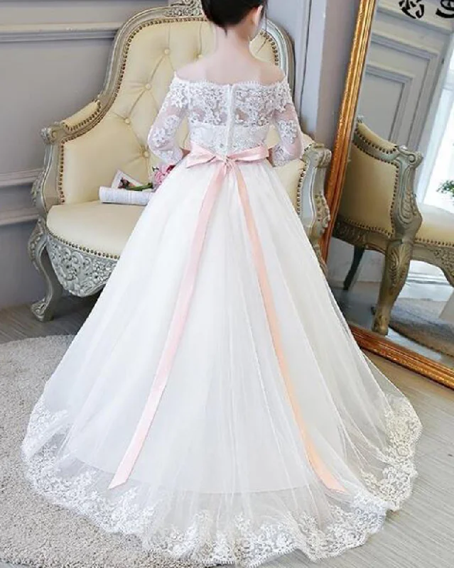 Round-neck dresses for womenLP2695 Off the Shoulder Lace Flower Girl Dress Long Sleeves Little Girl Wedding Gown first communion dress