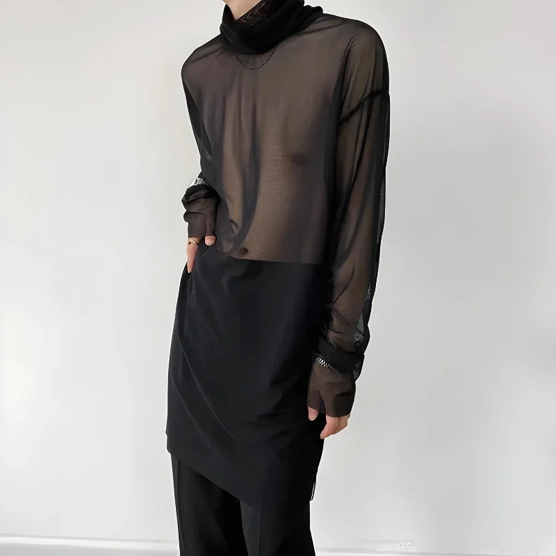 Checkered women's topsSheer Mesh Turtle Neck Top