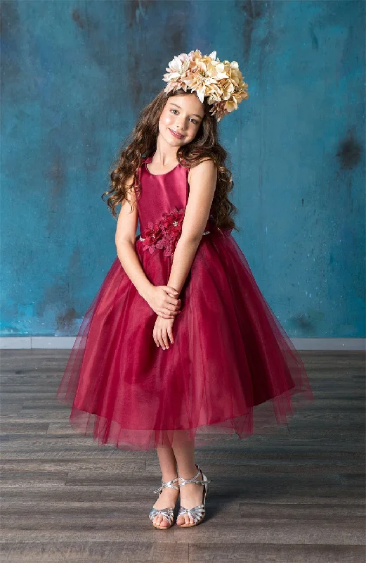 Synthetic dresses for budget-friendly optionsBig Girls Burgundy Beaded Flower Appliques Tulle Junior Bridesmaid Dress 8-16